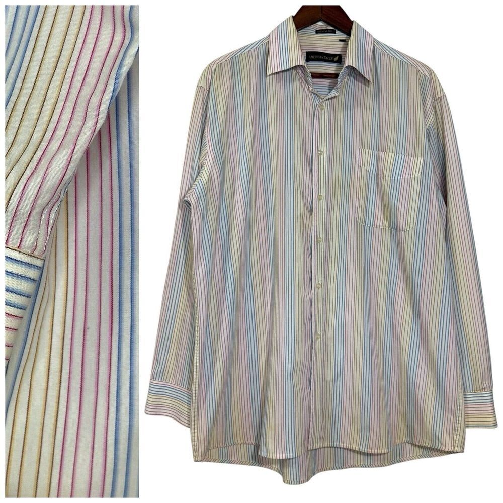 Vintage 90s American‎ Eagle Shirt L Rainbow Striped Button Up Long Sleeve Cotton